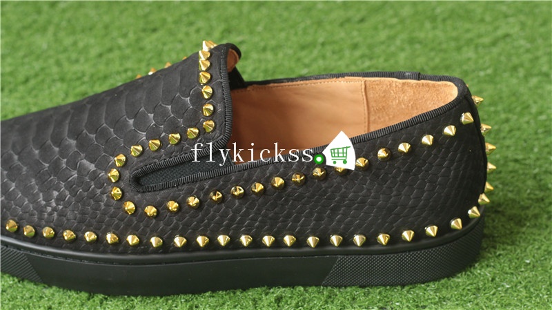 Christian Louboutin Low Spikes Python Leather Pik Boat Flat Black Casual Shoes Golden Rivets